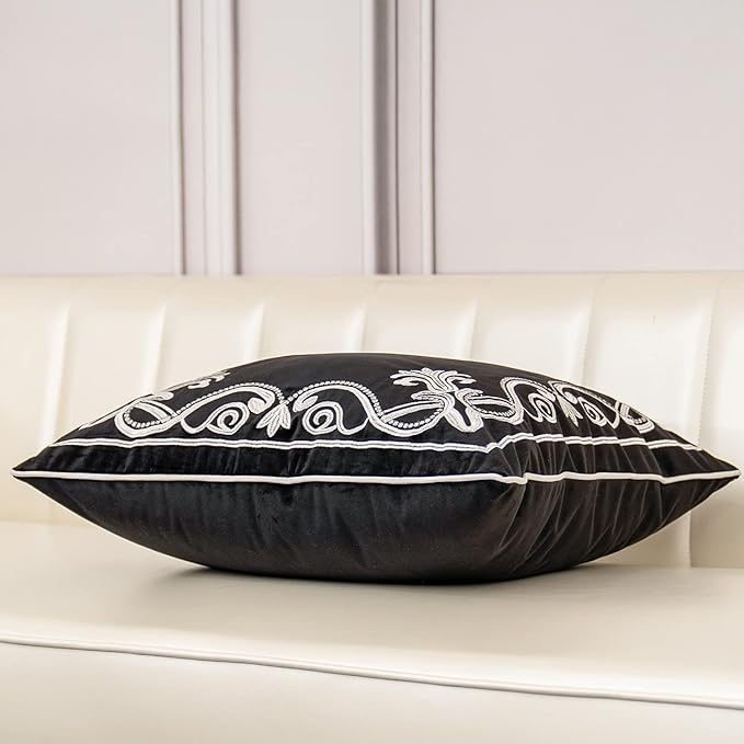Aeckself European Floral Pillow Cover 18x18 Inch, Luxury Velvet Embroidered Decorative Throw Pillow Cover for Couch Bedroom Living Room, Black and White