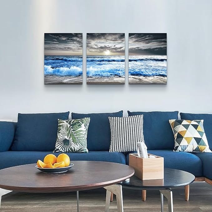 MHARTK66 Black and White Wall Art For Living Room Blue sea waves Canvas Wall Decor for Home Decor artwork painting 16" x 24" 3 Pieces Canvas Print For bedroom Decor Modern Salon kitchen Painting