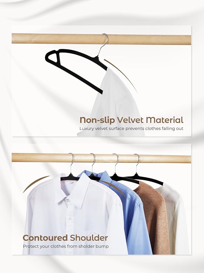HOUSE DAY Black Velvet Hangers 20 Pack, Luxury Non Slip Felt Hangers, Space Saving Clothes Black Hanger Heavy Duty, No Shoulder Bump Focked Hanger with 360° Swivel Hook for Closet