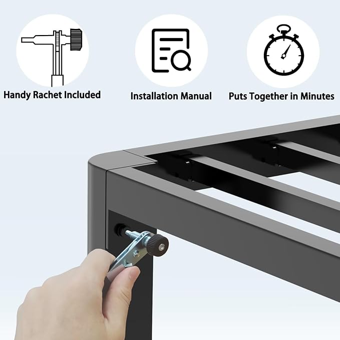 16 Inch California King Bed Frame with Rounded Corner and Headboard Hole Mattress Retainers 3500 LBS Metal Heavy Duty Steel Slats Support No Box Spring Needed Platform Noise Free Easy Assembly