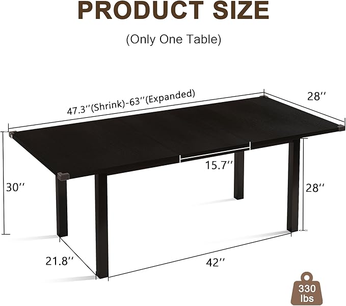 Extendable Dining Table for 4-6, 63" Modern Kitchen Table, Farmhouse Dining Room Tables for Dining, Kitchen, Office, Living Room, Rectangular Wooden Tables, Space Saving (Black)