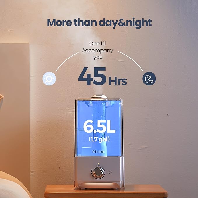 Humidifiers for Large Room Bedroom (6.5L), Cool Mist Ultrasonic Vaporizer for Home Whole House Babies, Customized Humidity, Night Light, Whisper-Quiet (White)