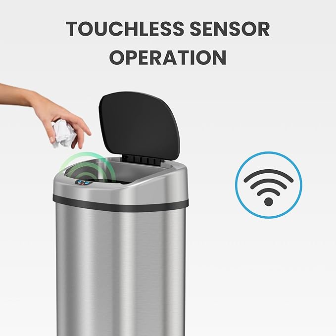 iTouchless SensorCan 13 Gallon Kitchen Trash Can with Lid & Odor Filter – Motion Sensor Stainless Steel Garbage Bin for Home, Office, or Garage – Slim Oval Shape, Large Capacity Design