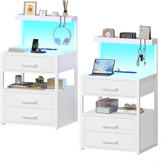 AOGLLATI Nightstand Set of 2 with Charging Station and LED Lights, Bedside Table with 3 Drawers and Open Storage Shelves, 2 USB Ports and 2 AC Outlets, LED Night Stand for Bedroom, 2 Pack, White