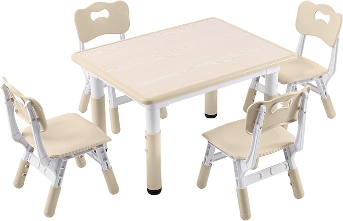 Kids Study Table and Chairs Set, Height Adjustable Toddler Table and Chair Set for Kids Ages 3-8, 31.5" L x 23.6" W Graffiti Desktop Plastic Children Art Table with 4 Seats, Burlywood
