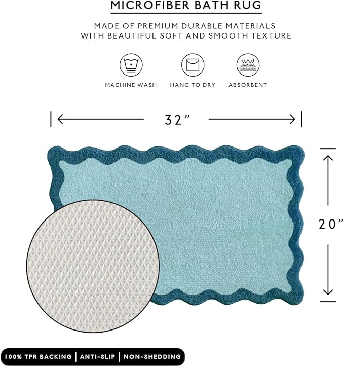 MONDAY MOOSE Bath Mat with Scalloped Wavy Ripple Design, Microfiber Absorbent Non Slip Tufted Rug for Floor, Shower or Kitchen (20x32 inch, Blue)