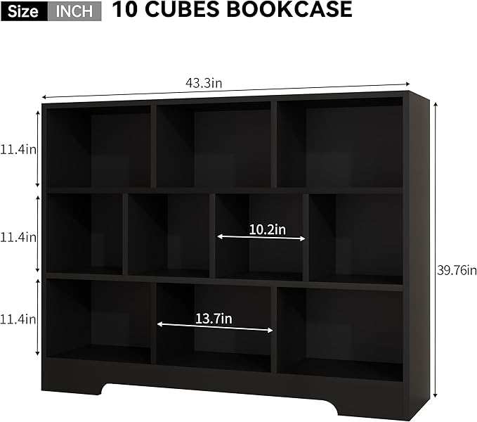 Kids Book Shelf Set of 2, 10 Cubes Storage Organizer Montessori Bookshelf, 3-Tier Wooden Kids Bookcase, Toy Storage Organizer for Children, Black Bookshelf Cube Shelf for Kid’s Room