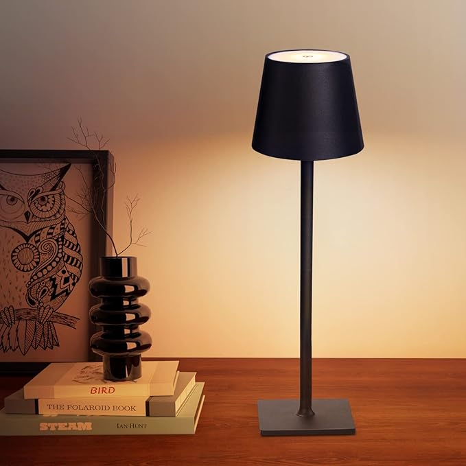 Cordless Table Lamps, 3 Colors Stepless Dimming, 5000mAh Rechargeable Battery LED Desk Lamp for Bedroom/Couple Dinner/Desk/Cafe/Dining Room/Terrace (Black 1 Pack)