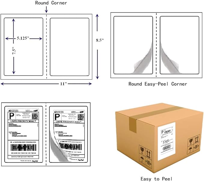 RyhamPaper Shipping Labels with Round Corner, 8.5 x 5.5 Inches Half Sheet Self Adhesive Shipping Address Labels for Laser and Inkjet Printer, 200 Labels