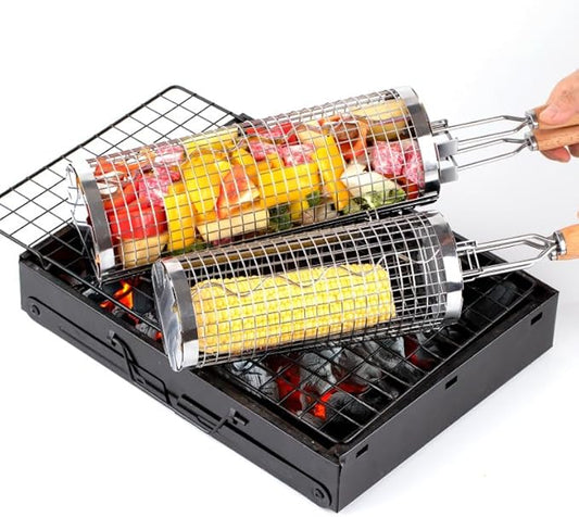 Rolling Grill Basket(2PCS),304 Stainless Steel, BBQ Grill Basket, Wooden Handle,Flip Rolling Cage, BBQ Accessories Tool for Vegetable Shrimp, Outdoor Cooking & Camping BBQ, Ideal Gift for Men, Dad