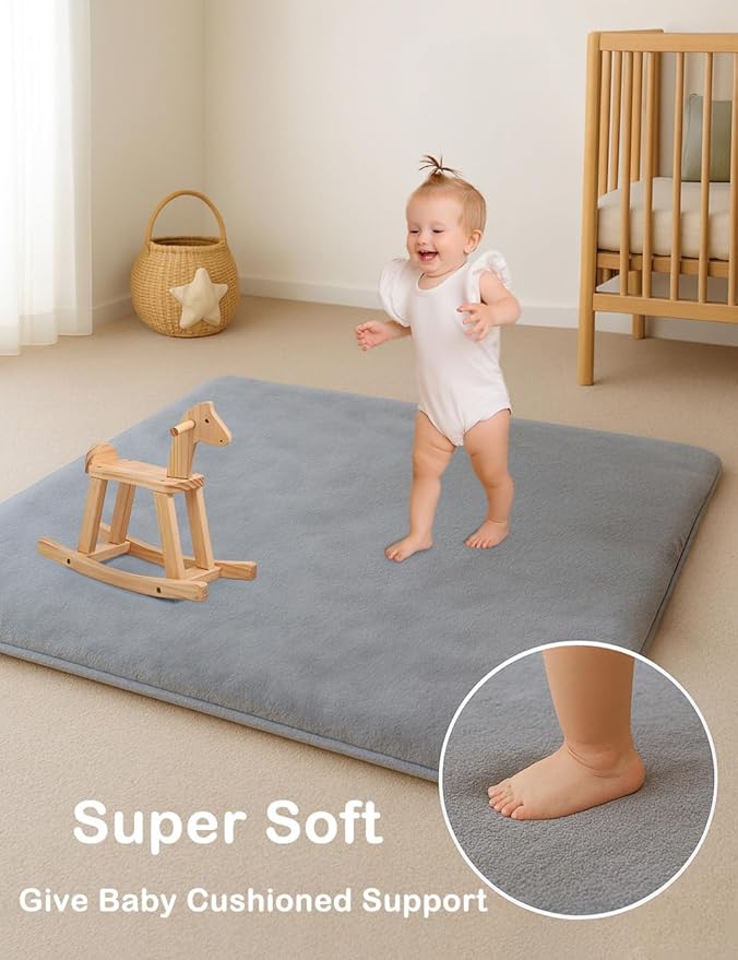 50X 50 Thick Padded Baby Floor Play Mat 1.2" Cushioned Velvet Surface Non Slip Bottom High Density Foam Safe and Soft Floor Mat for Infants Toddlers and Playpen Use,Gray