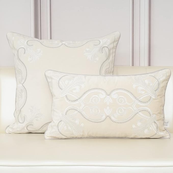 Aeckself European Luxury Velvet Lumbar Throw Pillow Cover 12 x 20 Inch, Embroidery Floral Pillow Cover Home Decor Oblong Pillowcase for Couch Bedroom Living Room, Off White