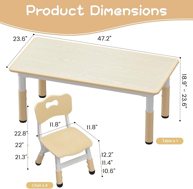 Kids Table and Chair Set, Height Adjustable Toddler Table and 4 Chairs Set for Ages 2-10, Graffiti Desktop, Non-Slip Legs, Arts & Crafts Table, Children Activity Table for Daycare Classroom Home