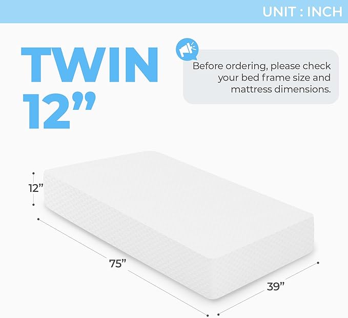 Neo Sleep 12 Inch Twin Medium Firm Cooling Gel Memory Foam Mattress for Cool Sleep Pressure Relieving CertiPUR-US Certified Foam, Mattress in a Box Fiberglass Free (Twin, 12 in)