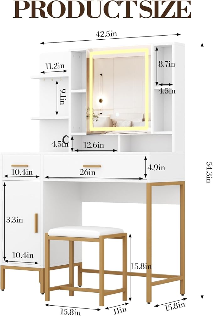 IDEALHOUSE Vanity Desk with Mirror and Lights, 42.5" Makeup Vanity Set with Stool, Makeup Table with Mirror Cabinet and Chair, Drawers & Shelves, Dressing Table with Outlet for Bedroom, White