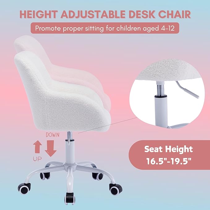 LukeAlon Kids Adjustable Desk Chair, Sherpa Study Chair with Swivel Base Upholstered Cute Reading Chair Comfy with Arms for Girls Children, White