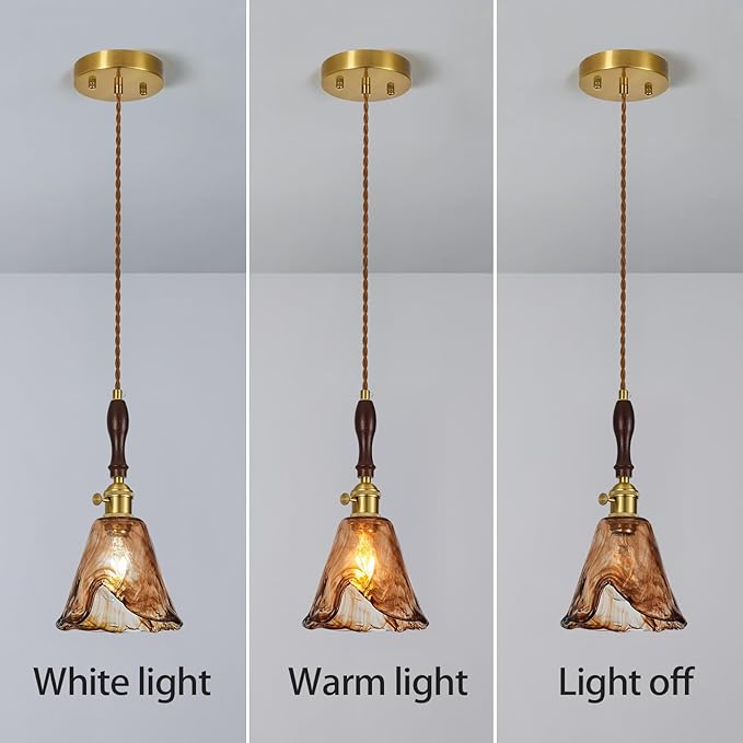 Brown Glass Vintage Pendant Light 6.18" Handmade Glass Pendant Lights Kitchen Island Gold Hanging Light Fixture for Bedroom Dining Room Hotel (3 Pack)