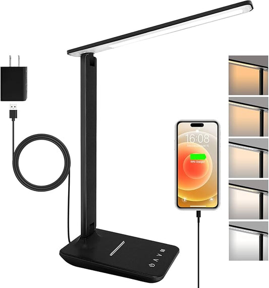 karidi LED Desk Lamp Dimmable Table Lamp with USB Charging Port, 5 Lighting Modes, Sensitive Control, Foldable Portable Desk Light for Home Office Bedroom Reading