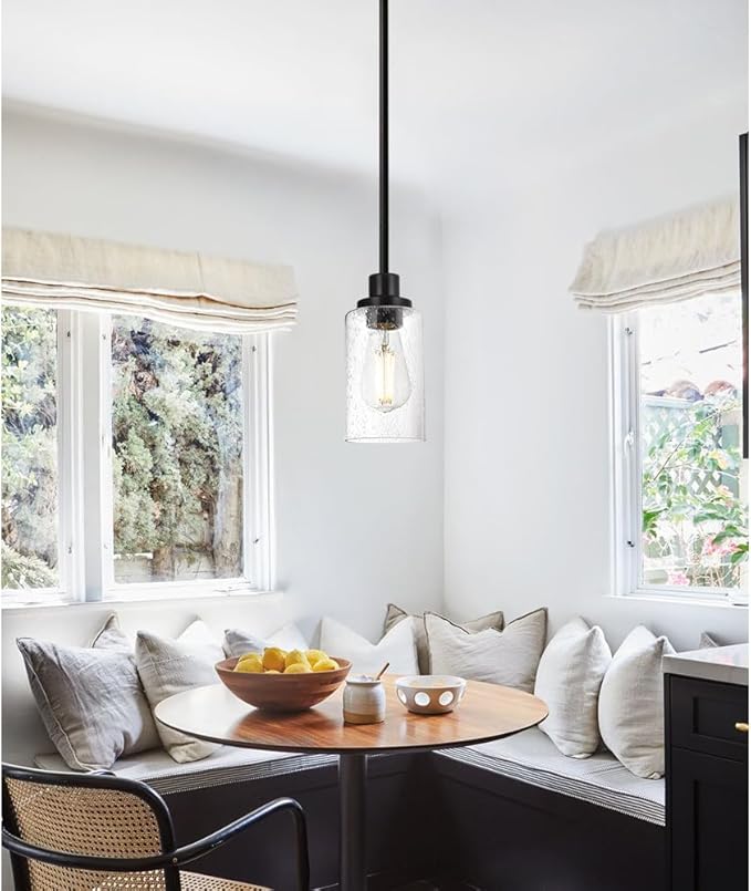 Black 1-Light Pendant Light with Seeded Glass Shade, Farmhouse Mini Chandelier Ceiling Lighting for Kitchen Island Bar Loft, Hanging Ceiling Lamp E26 Bulb Base