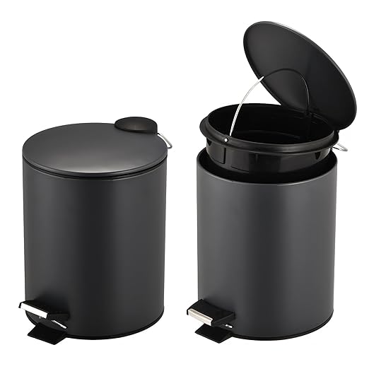 URALFA 2 Pack Small Bathroom Trash Can with Lid Soft Close, Step Pedal, 5 Liter / 1.3 Gallon Stainless Steel Slim Garbage Can for Bedroom, Diaper Waste Basket with Removable Inner Bucket (Matte Black)