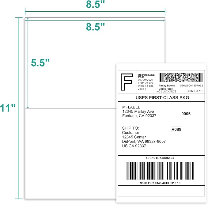 MFLABEL Half Sheet Shipping Labels - 8.5" x 5.5" Adhesive Packaging Labels for Laser & Inkjet Printers, 100 Self-Adhesive Stickers (25 Sheets) for Boxes, Mail, FBA & DIY Projects