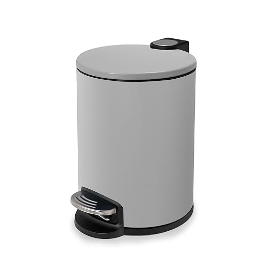 ACENTO 1.3 Gal Round Bathroom Trash Can with Lid – Stainless Steel Small Trashcan with Soft Close Pedal & Removable Liner – Compact Waste Bin for Bathroom, Bedroom, Dorm, Office – Matte Gray