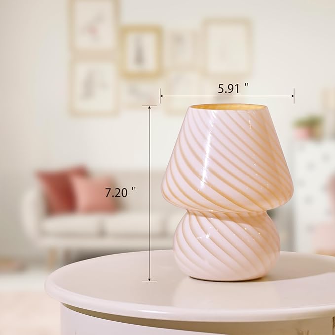 ONEWISH Mushroom Lamps Set of 2 - Small Bedside Table Lamp with Striped Glass, Nightstand Lamp for Bedroom, Bulb Included, for Christmas New Year, Creamy Yellow