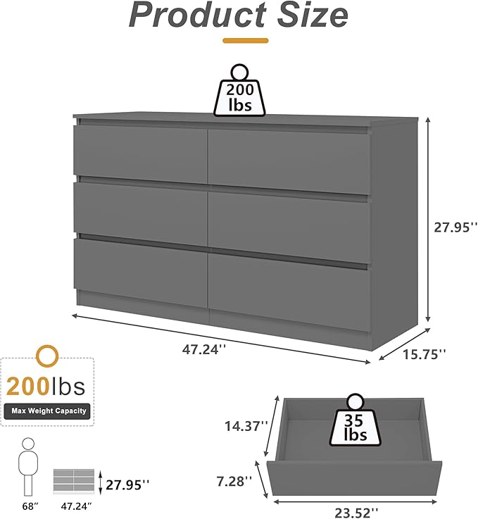 Grey Dresser for Bedroom,48'' Modern 6 Drawer Dresser with Deep Drawer,Storage Wide Chest of Drawers,Wood Bedroom Storage Furniture for Living Room,Closet