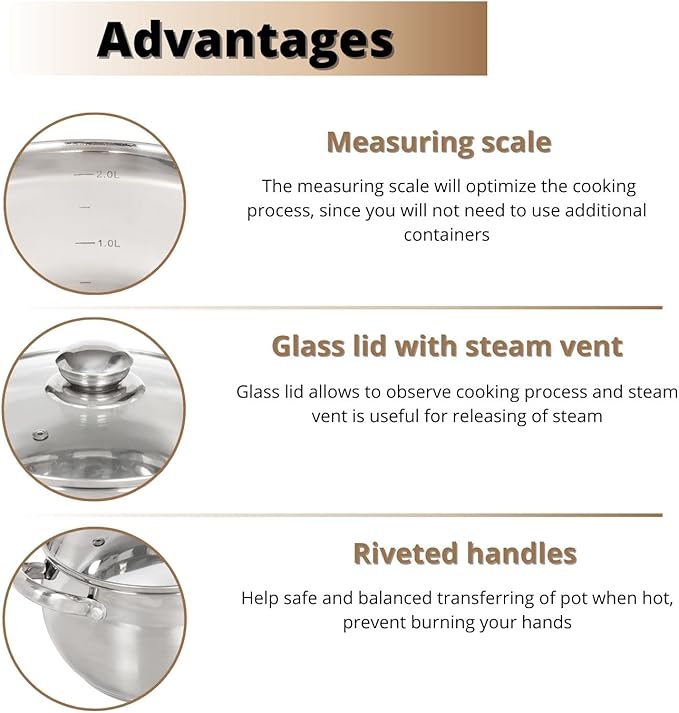 Daniks Classic Stainless Steel Stock Pot with Glass Lid – Induction 2 Quart, Dishwasher Safe, Measuring Scale, For Soup, Pasta, Stew, Silver