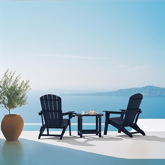 Plawdlik Folding Adirondack Chair, SGS Tested, Wooden Textured with Cup Holder, Heavy All-Weather HDPE Comfortable Set Poolside Backyard Lawn Navy Blue Set 4