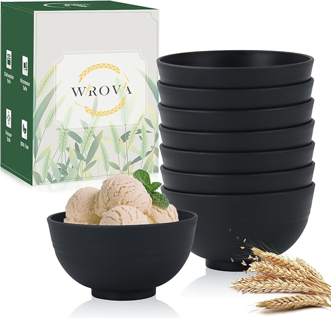 wheat straw snack bowls 10oz set of 8 - Unbreakable Dessert Bowls for kids - Mini Bowls for Ice Cream,Snack and Fruits - Microwave & Dishwasher Safe Appetizer Bowl Sets - Black