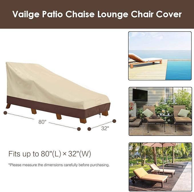 Vailge Waterproof Patio Chaise Lounge Cover, 600D Heavy Duty Outdoor Lounge Chair Covers,UV Resistant Patio Furniture Covers,2 Pack-Medium,Beige & Brown