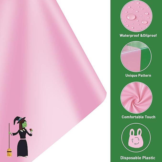 8Pcs 2in1 Witch Birthday Party Decorations Tablecloth, 54" x 108" Pink and Green Kitchen Table Cloth Disposable Rectangle Plastic Table Cover for Kids Baby Shower Wedding Party Supplies
