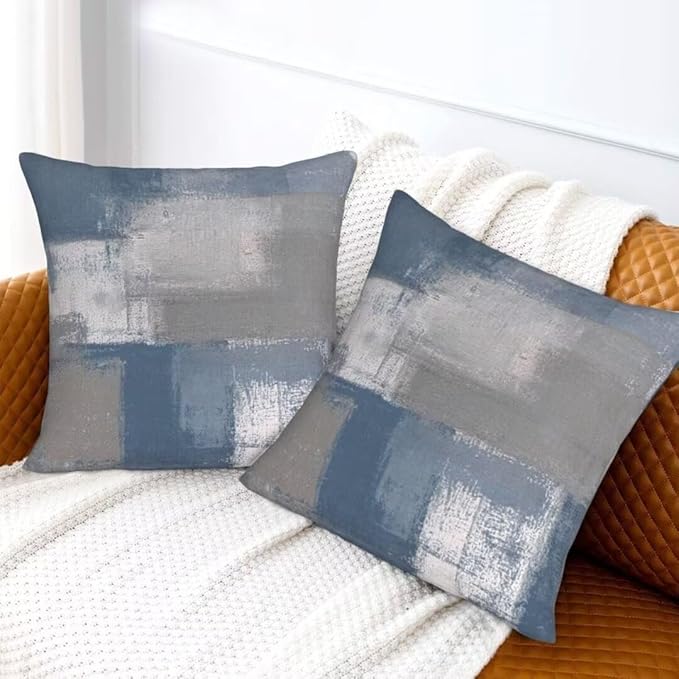 Blue and Grey Pillow Covers 18 x 18 Inch Set of 2 Modern Abstract Art Decorative Throw Pillow Covers Outdoor Cotton Farmhouse Cushion Cases for Home Sofa Couch Living Room Decor
