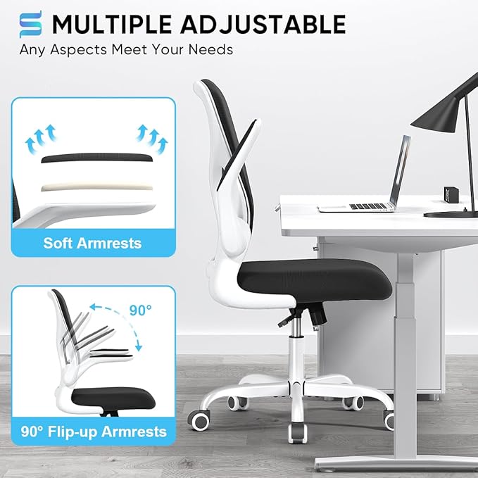 Sytas Ergonomic Desk Chair with Padded Flip up Arms and Supportive Lumbar Support, Breathable Mesh Home Office Chair with Comfortable Cushion for Home or Office(White)