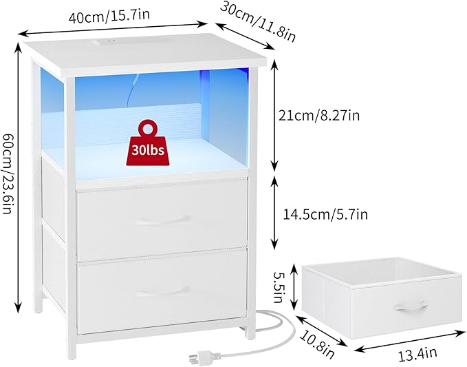 Fixwal Nightstand Set of 2 Night Stand with Charging Station, LED Nightstand with Fabric Drawers, End Table with PU Finish, Bed Side Table, White