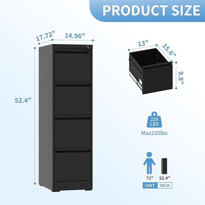 AQY 4 Drawer File Cabinet with Lock, Metal Filing Cabinets for Home Office, 18" Deep Vertical Storage Drawer for Hanging A4/Letter/Legal Size Files, Assembly Require
