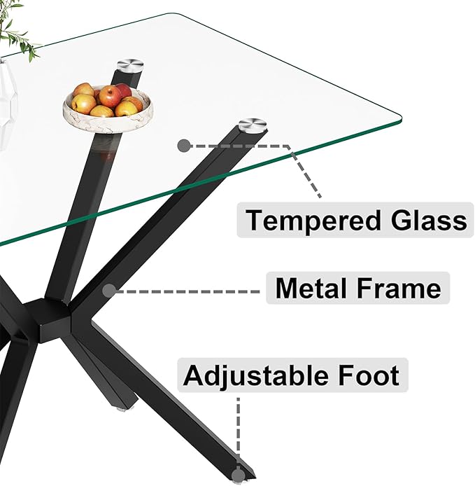 47'' Modern Glass Dining Table for 2-4 People, Rectangular Dining Room Table with Black Metal Legs, Clear Tempered Glass Top Dining Table for 4, Cpmpact Dinner Kitchen Table for 4
