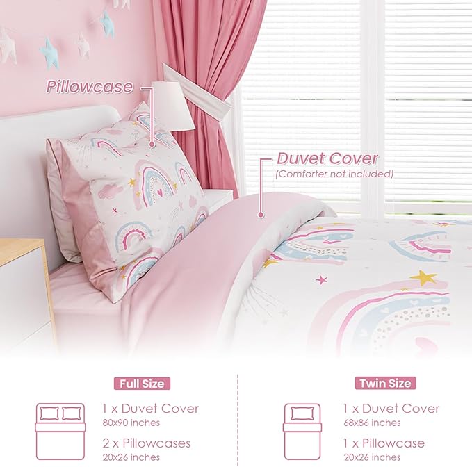 SANDJEST Rainbow Duvet Cover Sets Twin Size for Kids Girls, Include 1 Polyester Comforter Cover 68x86 Inches and 1 Pillowcase 20x26 Inches, Comforter Not Included, Gift for Christmas Birthday