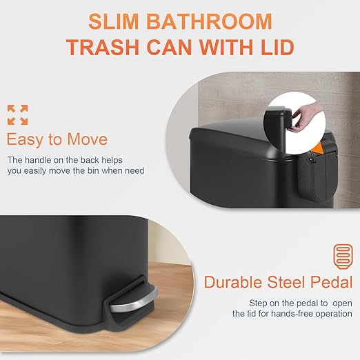 PayLessHere 1.3 Gallon Small Bathroom Trash Can with Lid, Black Stainless Steel Garbage Can with Removable Inner Bucket for Home and Bathroom (5Liter)