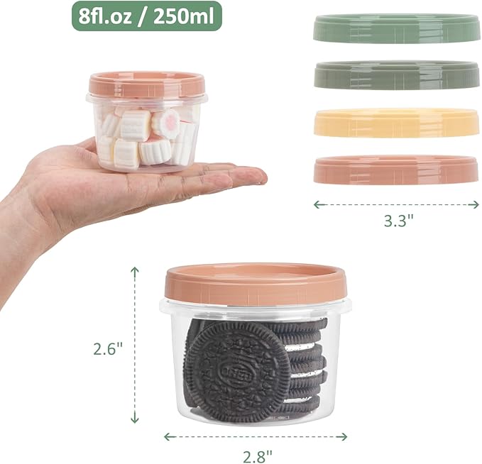 8 Oz Small Food Containers with Lids, 4 Pack, 1-Cup Reusable Snack Containers with Screw Top for Food Small Portions Meal Prep Freezer Storage, Microwave Freezer Dishwasher Safe, 4 Colors