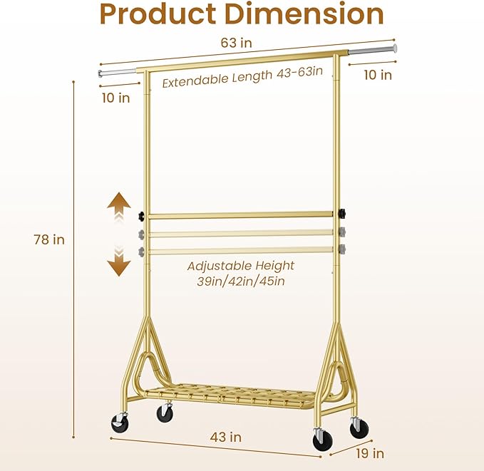 Heavy Duty Clothes Rack for Hanging Clothes, Double Rods Clothing Rack with Lockable Wheels, Rolling Metal Garment Racks Heavy Duty, Portable Wardrobe Closet Racks, Gold