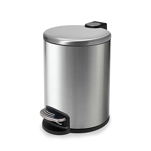 ACENTO 1.3 Gal Round Trash Can with Lid – Stainless Steel Small Trashcan with Soft Close Pedal & Removable Liner – Compact Waste Bin for Bathroom, Bedroom, Dorm, Office – Brushed Stainless Steel