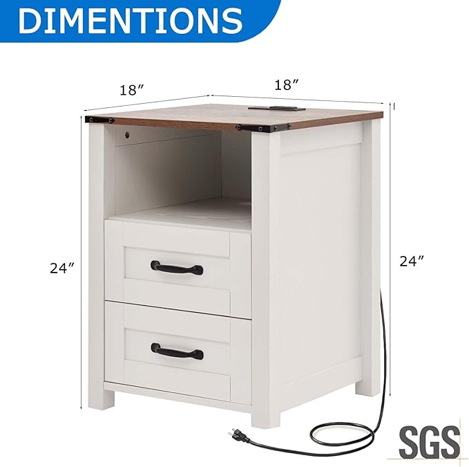 Farmhouse Nightstand Set of 2 with Charging Station & Drawers, White Wood Bedside Table, End Table with 2 Storage Drawers & USB Ports for Bedroom, Dorm, White