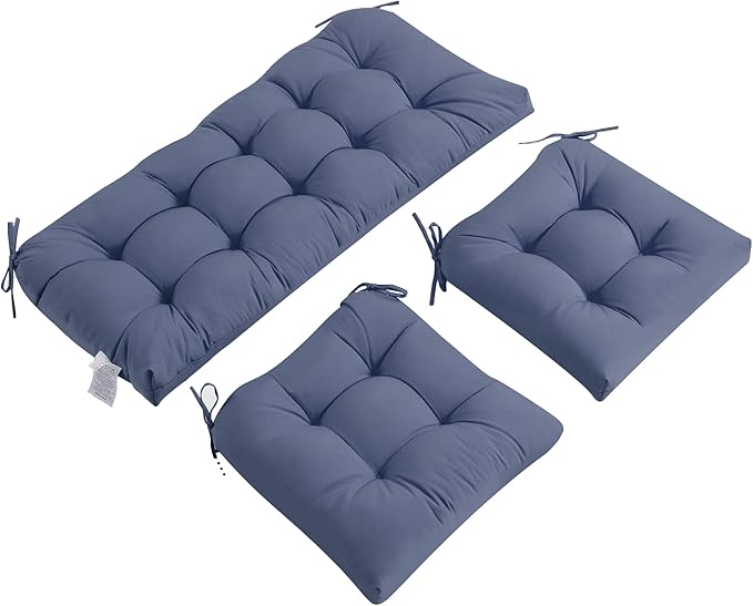 ADLIVWYD 3-Pieces Wicker Chair Cushion Set, 1 loveseat and 2 U-Shape, 44"x19" &19"x19" Tufted Outdoor Cushions for Indoor/Outdoor Patio Furniture, (Navy Blue)