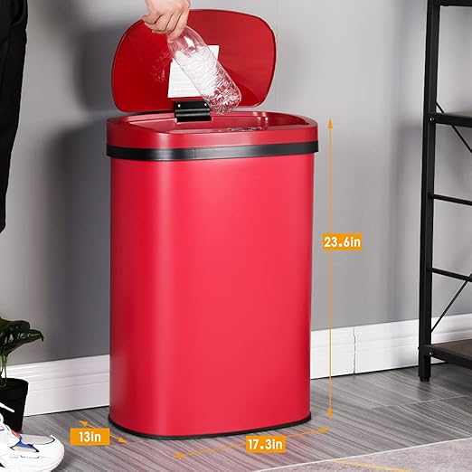 Kitchen Trash Can Bathroom Bedroom Office Garbage Can with Lid Automatic Touch Free Waste Bin Stainless Steel 13 Gallon / 50L,Red