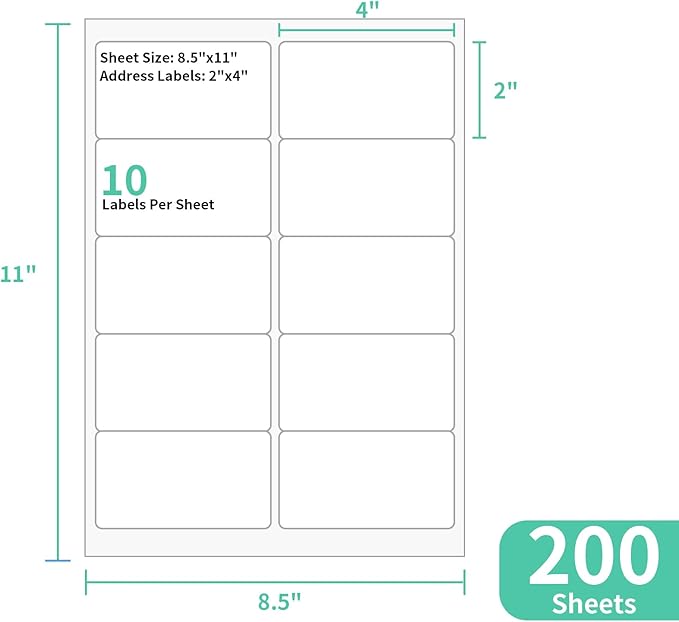 200 Sheets 10 up Labels, 2" x 4" Sticker Printer Paper for Laser/Inkjet Printer, Mailing Blank Labels, Self Adhesive Customizable