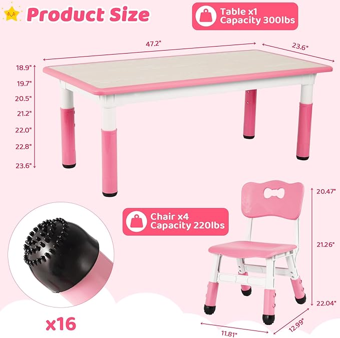 Arlopu Kids Table and 4 Chair Set, Height Adjustable Toddler Table and Chair Set, Non-Slip Legs, Graffiti Desktop, Large Children Activity Table, Reading Daycare Classroom Home (Pink)