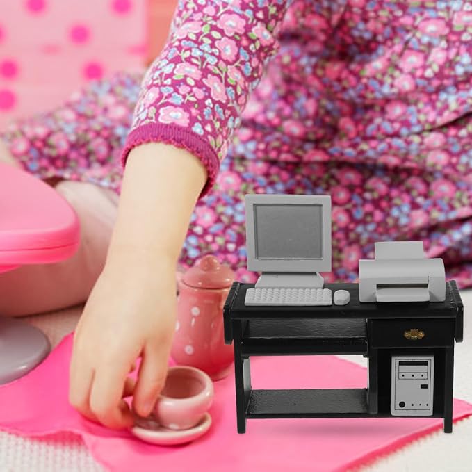 NUOBESTY 1:12 Dollhouse Miniature Office Furniture Set - Black Desk & Chair with Computer, Mouse, Keyboard, Printer for Kids' Doll House Decoration