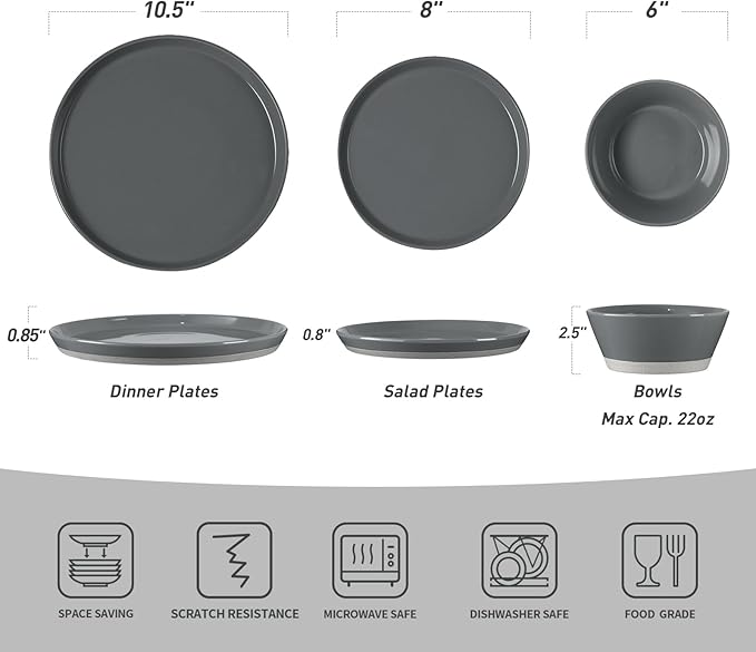 Famiware Saturn Speckled Dinnerware Sets for 4 (12 Pieces), Stoneware Plates and Bowls Dish Set - Chip and Scratch Resistant, Microwave and Dishwasher Safe, Dark Gray